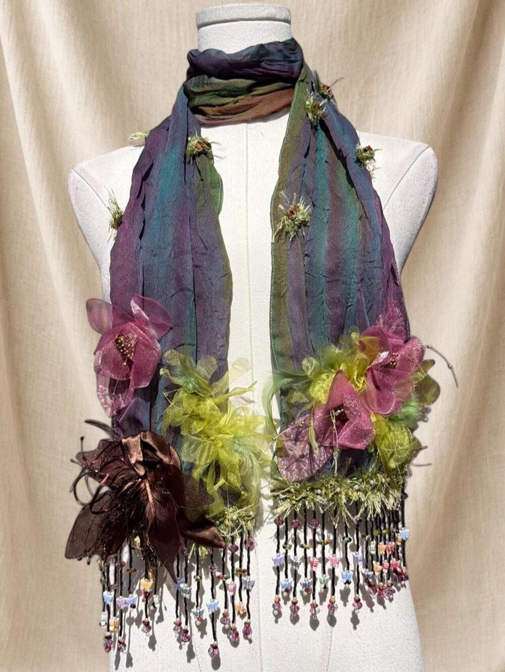 Mary Frances fairy scarf with floral appliqués, embellishments & beaded fringe